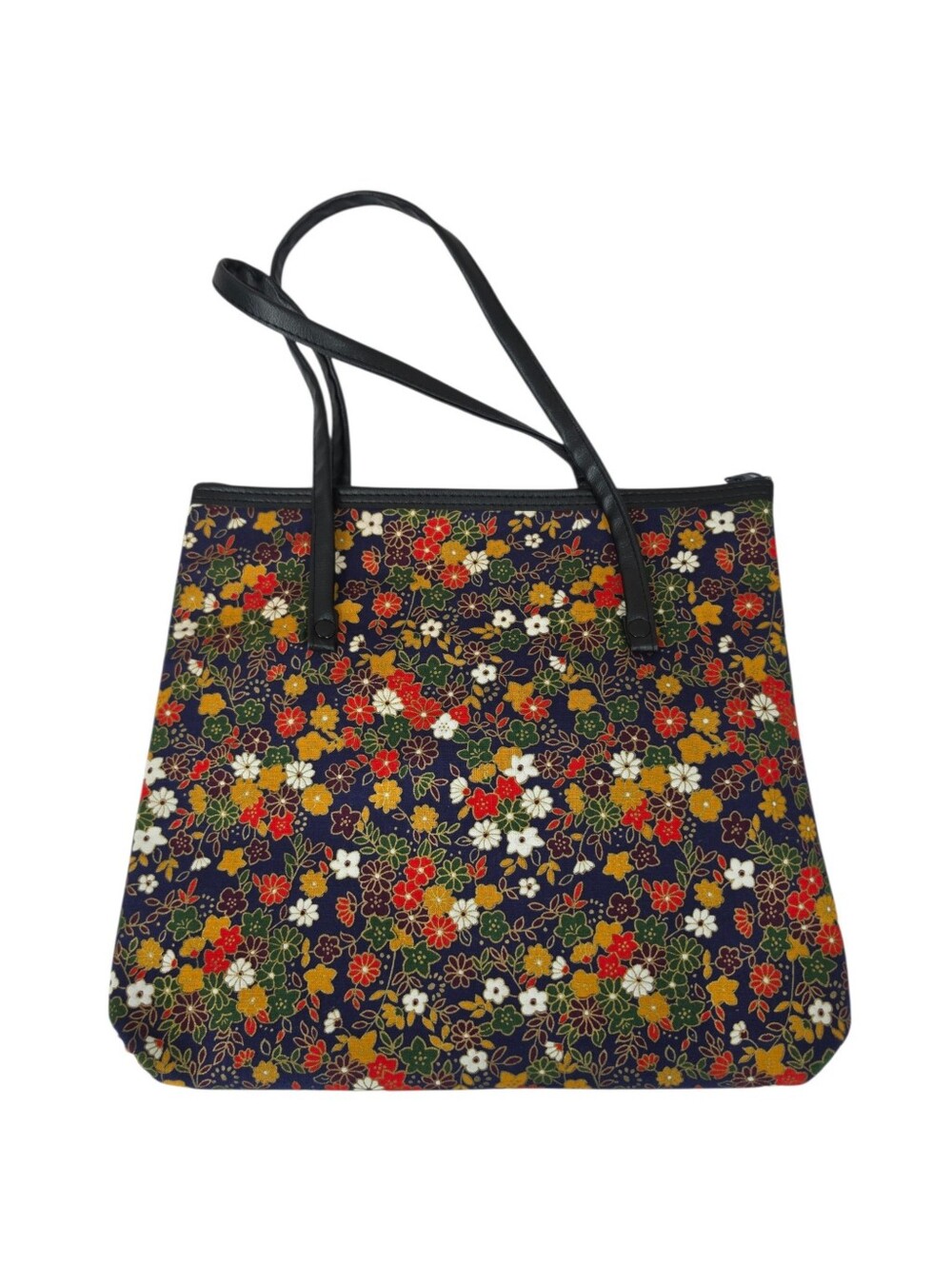 Vintage Floral Pattern Tote Bag with Navy Trim Metallic Gold Outlines 90s Japan